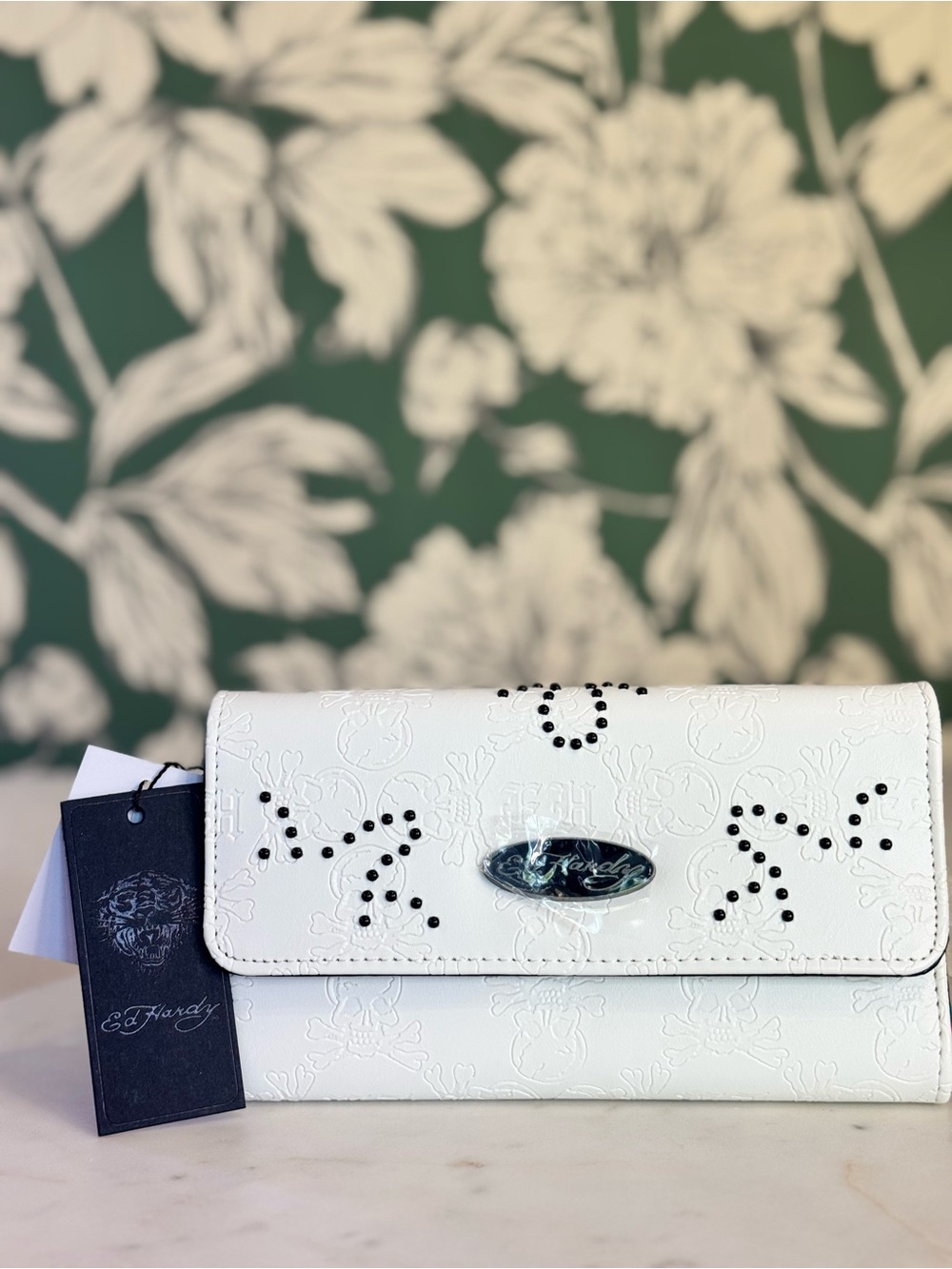 Ed Hardy White Embossed Leather Wallet with Stud Detail NWT